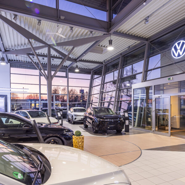 inside Volkswagen dealership by evening
