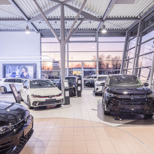 inside Volkswagen dealership by evening