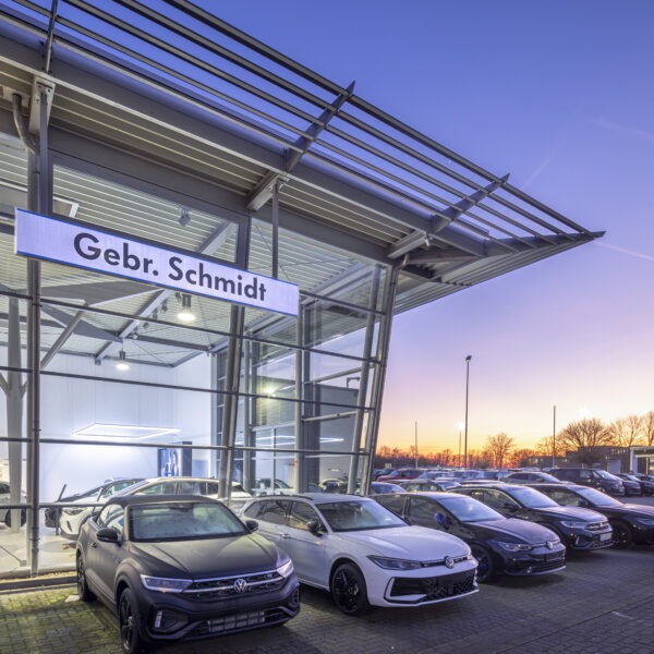 Volkswagen dealership by evening